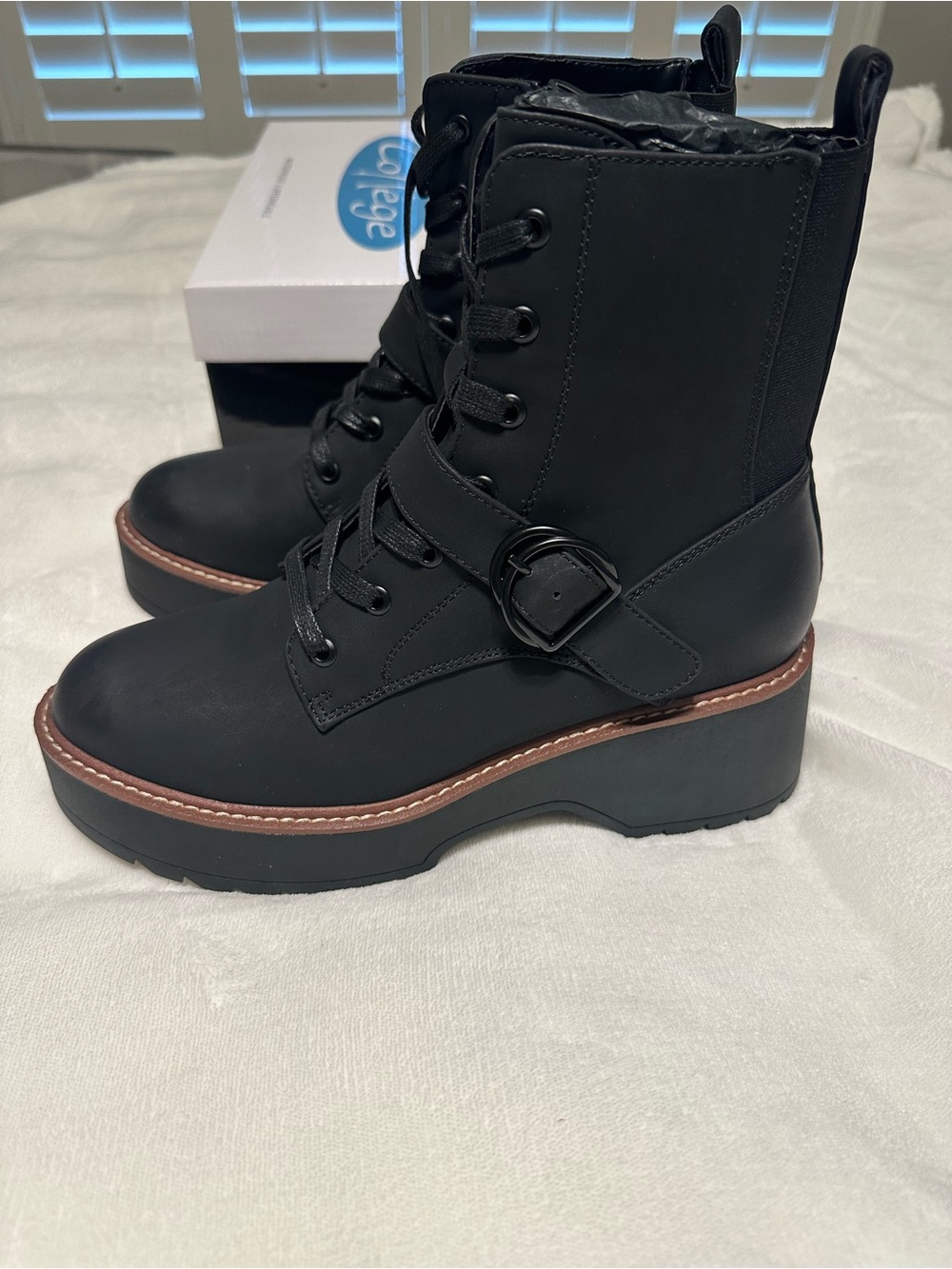 Platform Lace-Up Combat Boots with Buckle Strap - Black